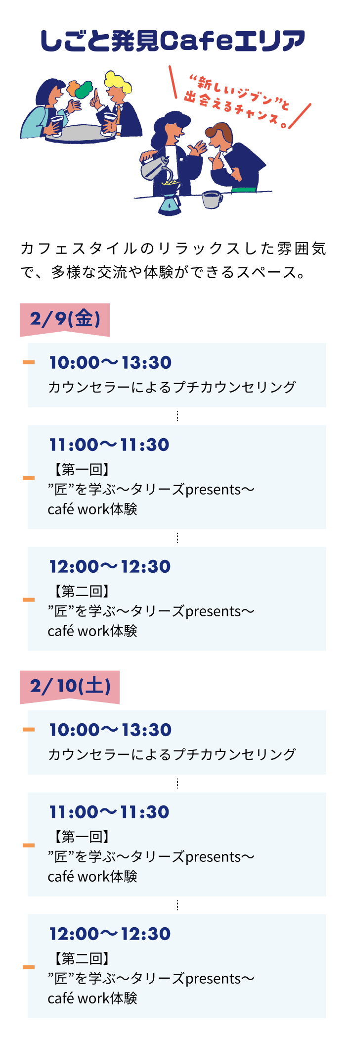 しごと発見Cafeエリア カフェスタイルのリラックスした雰囲気で、多様な交流や体験ができるスペース。